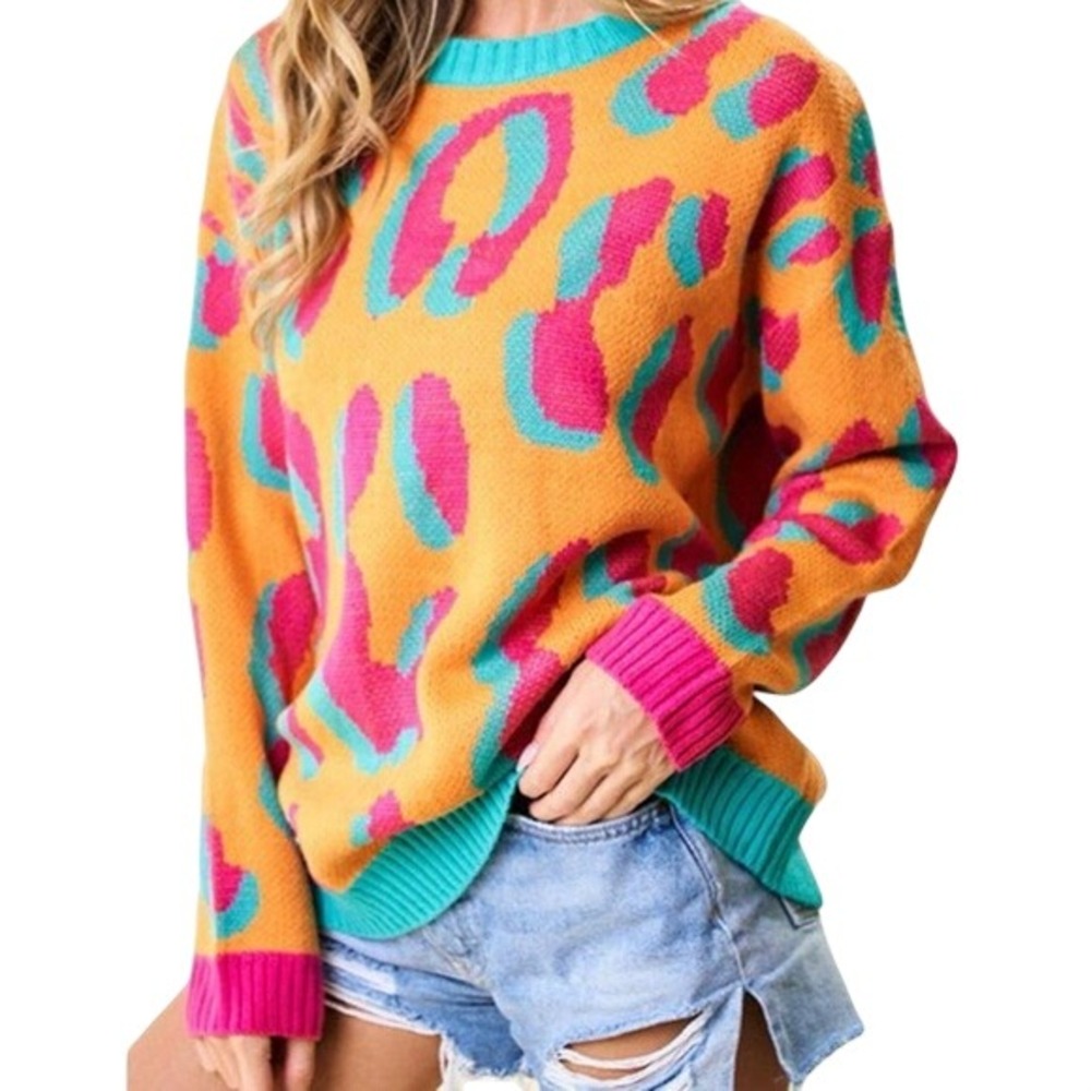 Cider Orange Pink Leopard‎ Print Knit Sweater Animal Print Colorful Neon Jumper